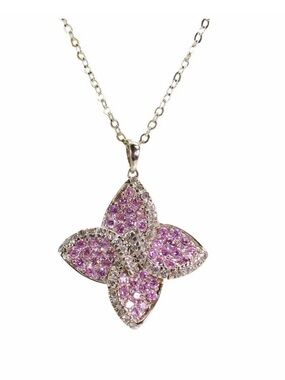 Pink and clear crystal flower pendant necklace in a silver setting  1" x 1"  New